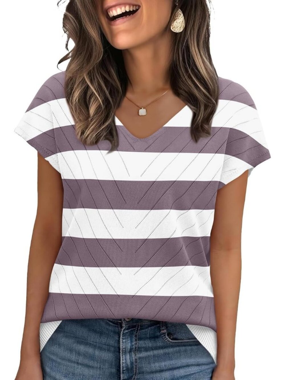 Women's Purple W Trendy Summer Tops Sweater Pullover V-Neck Pull On Short Sleeve